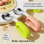 Baby Self Feeding Spoon and Fork Set | Stainless Steel Silicone Toddler Utensils