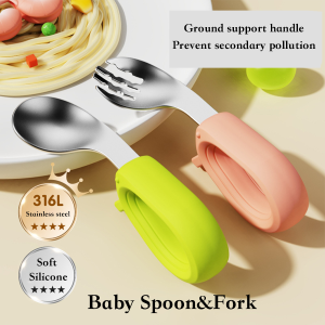 Baby Self Feeding Spoon and Fork Set | Stainless Steel Silicone Toddler Utensils