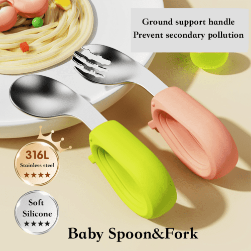 Baby Self Feeding Spoon and Fork Set | Stainless Steel Silicone Toddler Utensils